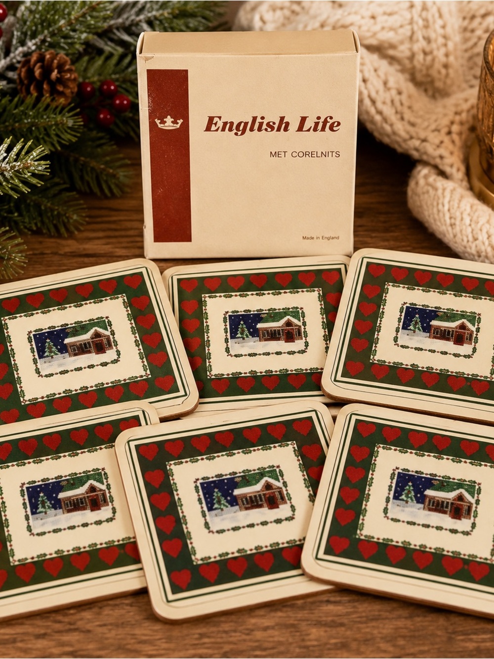 Vintage Pimpernel Christmas Cottage Coasters Set of 6 Cork Back Made England